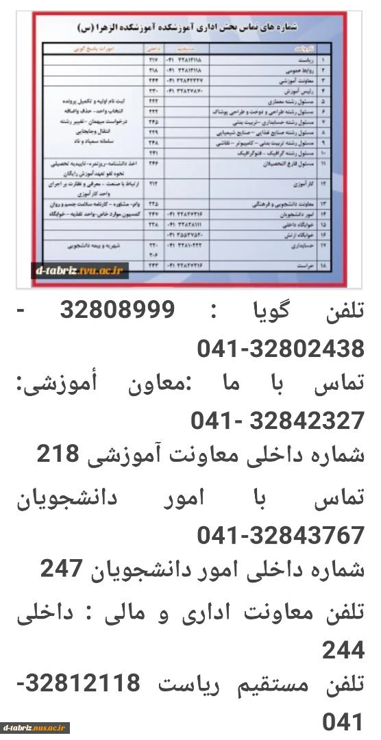 تلفن گویا : 32808999 - 32802438-041
تماس با ما :معاون أموزشی: 32842327 -041
شماره داخلی معاونت آموزشی 218 
تماس با امور دانشجویان 32843767-041
شماره داخلی امور دانشجویان 247
تلفن معاونت اداری و مالی : داخلی 244
تلفن مستقیم ریاست  32812118-041
تلفن 