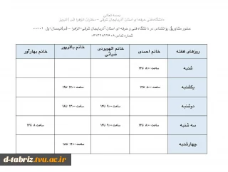 برنامه هفتگی مشاورین روانشناسی آموزشکده فنی و حرفه‌ای الزهراء (س) تبریز