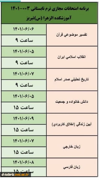 برنامه امتحانات مجازی ترم تابستانی 003-1401 آموزشکده الزهراء تبریز