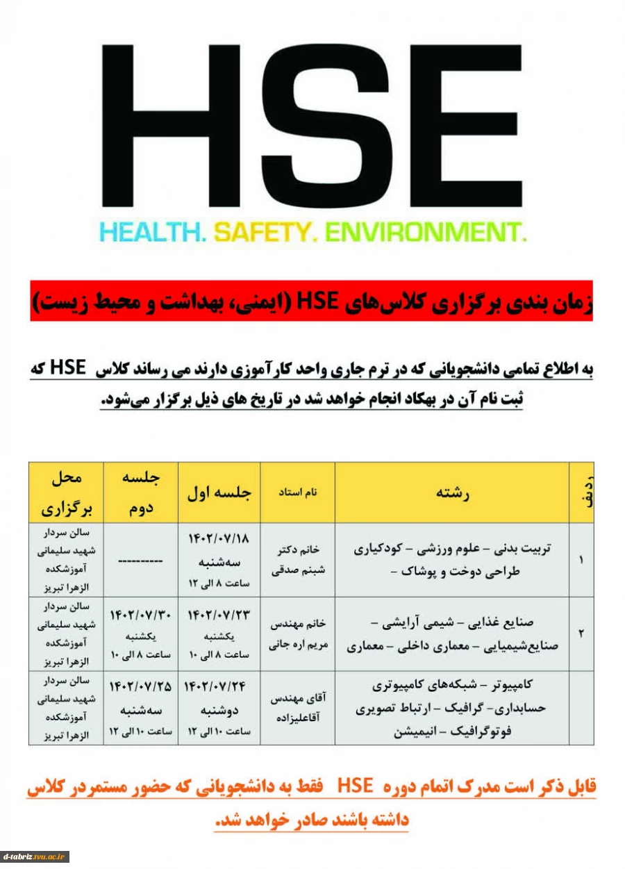 برگزاری دوره HSE 2