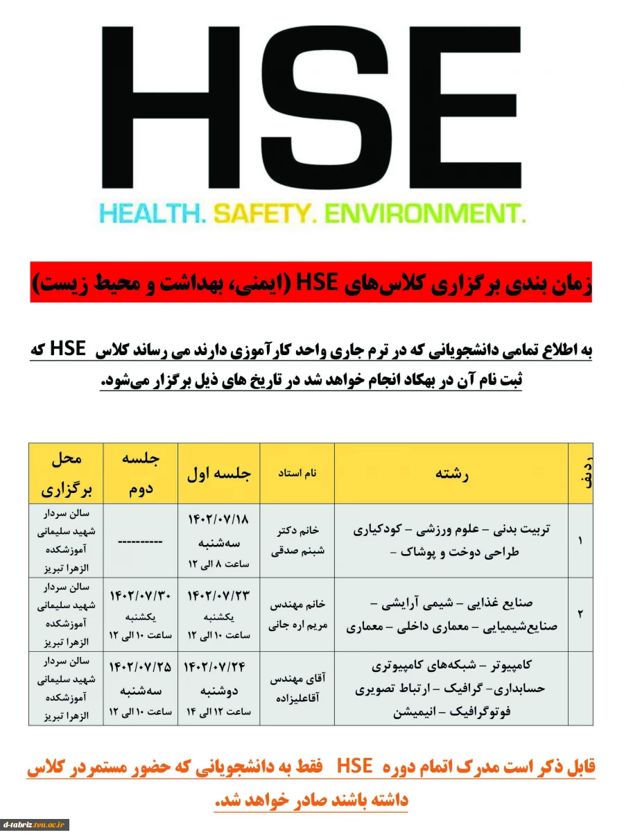برگزاری دوره HSE 2