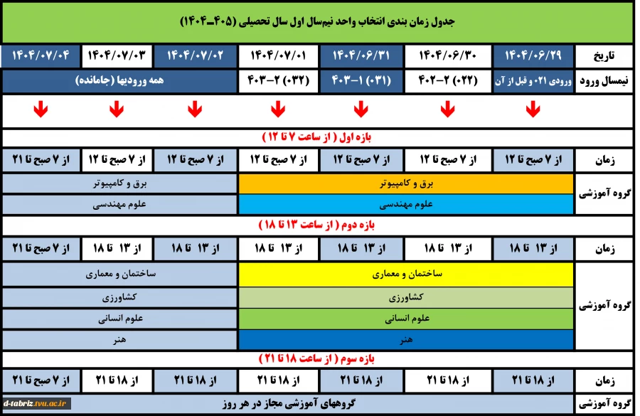 جدول زمانبندی انتخاب واحد نیمسال اول 1404-405 2